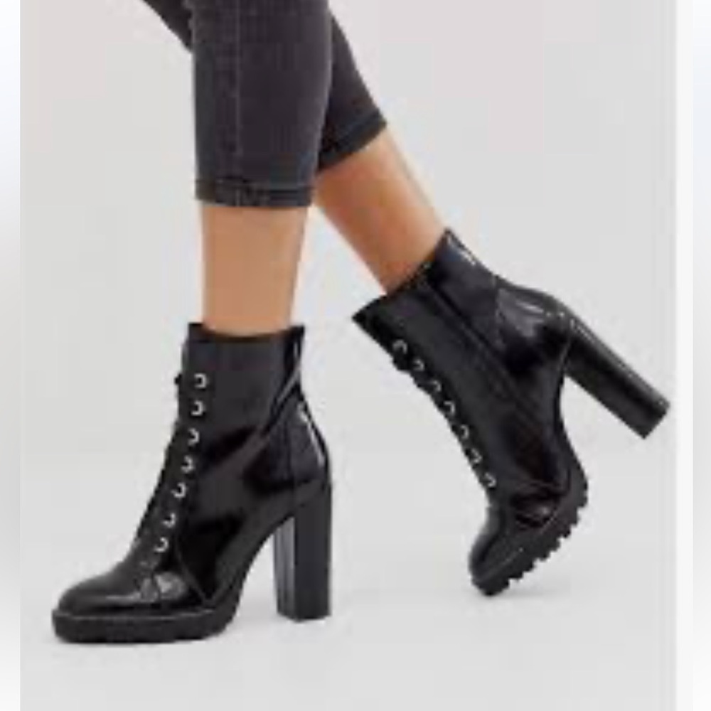 ALDO COMBAT LACE UP ZIP UP CHUNKY HEELS THICK PLATFORM BLACK LEATHER SIZE 9